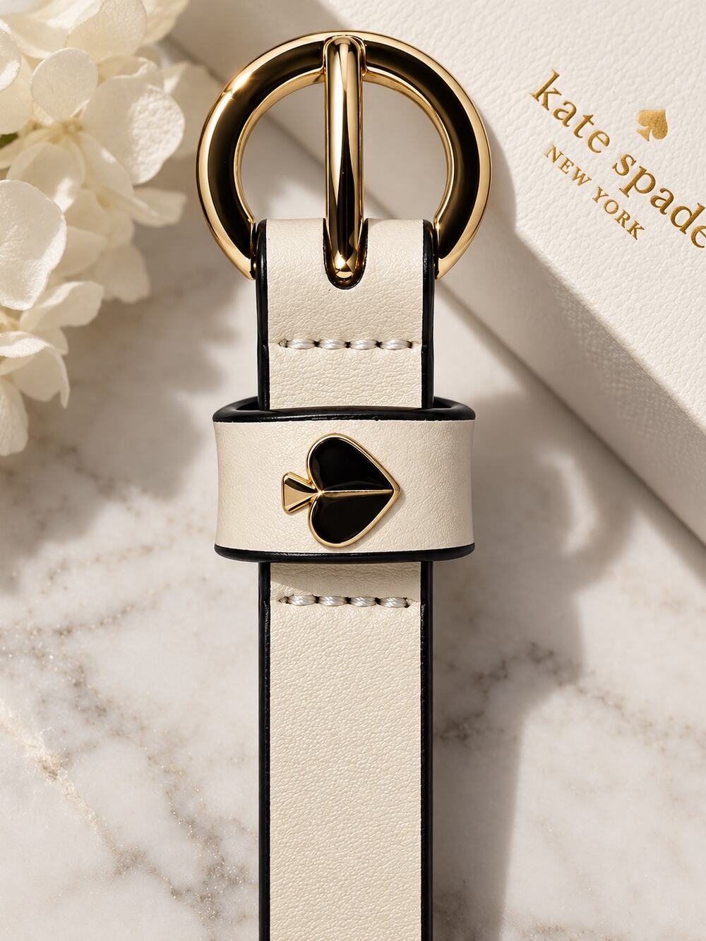 Kate Spade New York Ivory Leather Belt Gold Spade Buckle Women’s L 43"